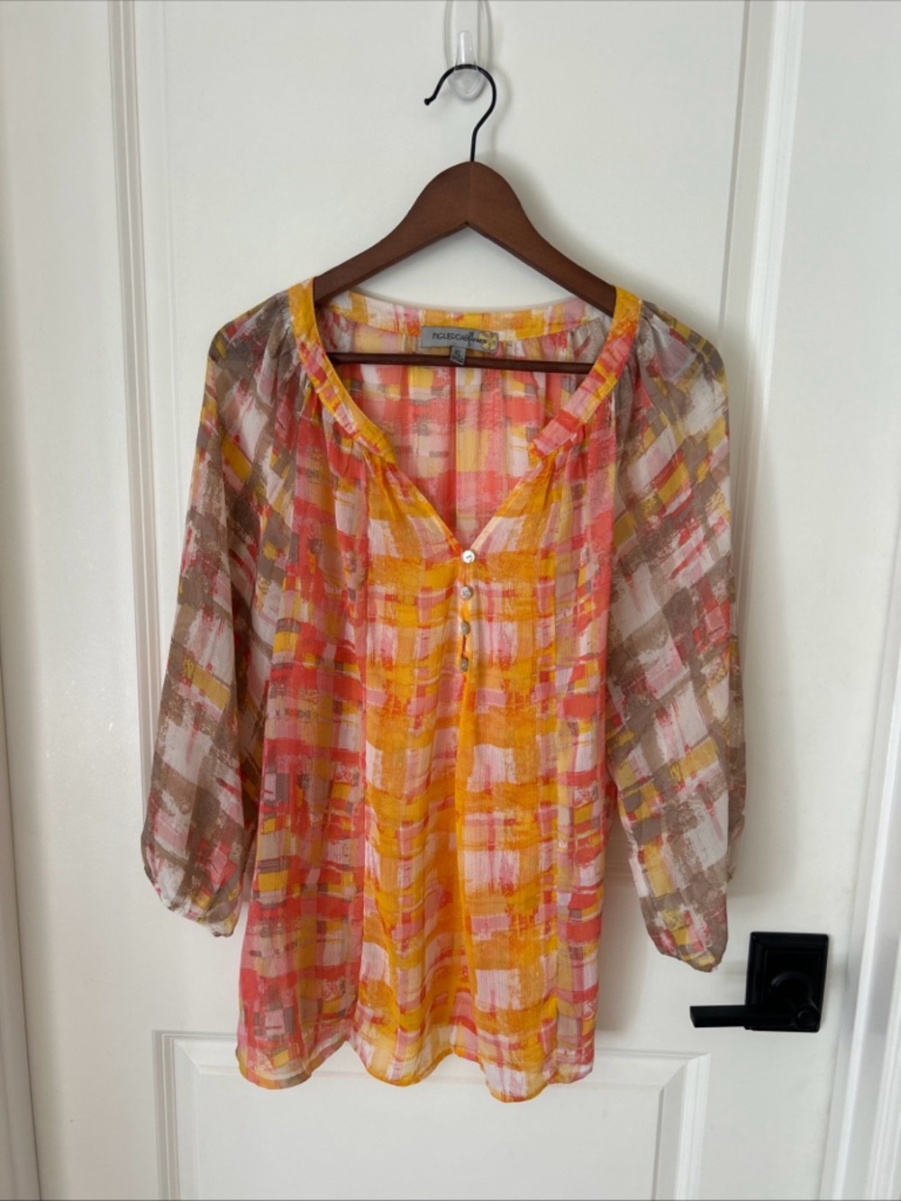 Figueroa and Flower Women’s XL Colorful Yellow Orange Check Sheer Blouse Boho